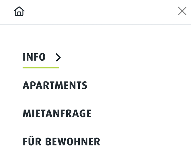 Seiten-Menü mit Wort und Pfeil blau-grün